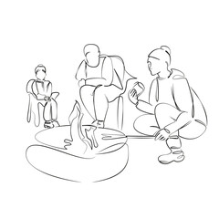 One continuous single drawing line art flat doodle family, picnic, flame, outdoors, child, lifestyle, fire, happiness. Isolated image hand draw contour on a white background, hand drawn, not AI