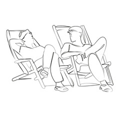 One continuous single drawing line art flat doodle vacation, man, woman, lounger, beach, relaxation, holiday, summer. Isolated image hand draw contour on a white background, hand drawn, not AI