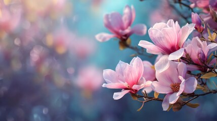 Fototapeta premium Mysterious fairy tale spring floral wide panoramic banner with fabulous blooming pink magnolias flower summer garden on blurred sunny bright shiny glowing background and copy space