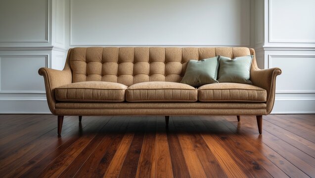 Cozy mid-century sofa and wooden floors in the room with blank walls as mockup.