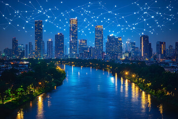 Naklejka premium Cityscape Illuminated skyscrapers reflect in a river, with a network overlay creating a futuristic vibe