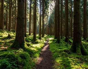 Obraz premium Moss-Covered Pathway Through a Dense Forest, Sunlight filtering through tall trees