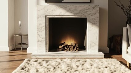 A modern fireplace with a roaring fire, bathed in the warm glow of natural light, inviting relaxation and coziness. 