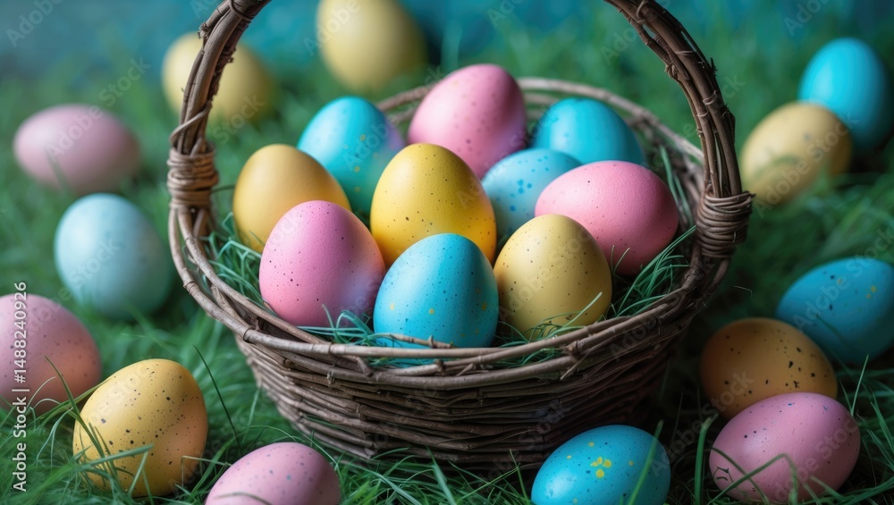 Poster pastel eggs in a twig basket resting on the grass
