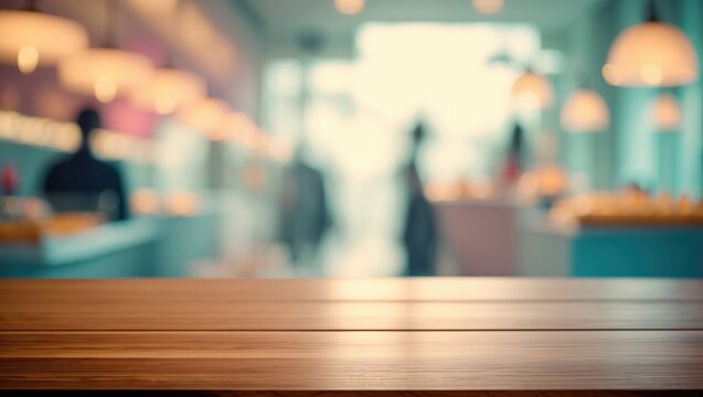 Deserted step dark wood table top food presentation with blurred figures in the background bokeh light. Layout for product display or montage, marketing banner for online media, business presentation
