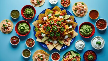 Fototapeta premium Mexican Snacks Displayed on a Blue Background