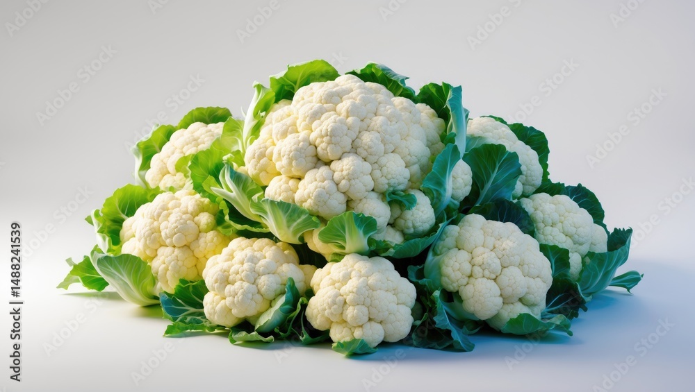 Poster Isolated fresh cauliflower heads and pieces on background. Design elements for packaging with clipping path