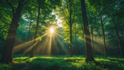 Obraz premium Outdoor view of trees in the woods captured with fisheye lens and light flare