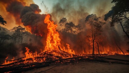 Fototapeta premium Wildfire in action. Ongoing forest fire. Intense flames. Natural park area.