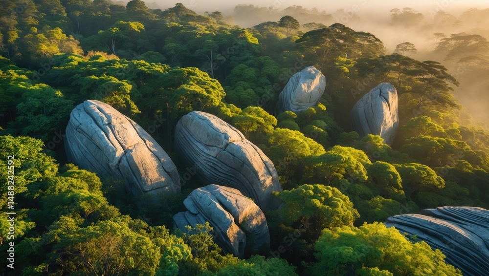 Aufkleber green aerial view of three whale rock among various rock formations and viewpoints in forest park