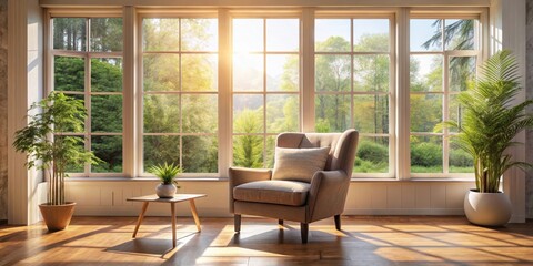 A cozy living room with a single armchair placed in front of a large window with natural light pouring in , armchair, home decor