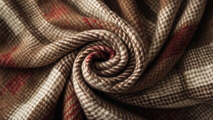 Fototapeta premium Close-up image of a warm earthy-toned woolen plaid blanket with a soft, cozy texture, ideal for representing comfort, warmth, and lifestyle decor themes.
