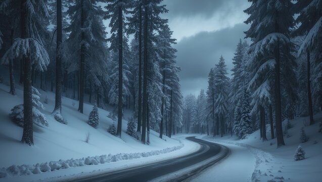 Snow-dusted pine trees alongside a slick, snowy road - Powered by Adobe