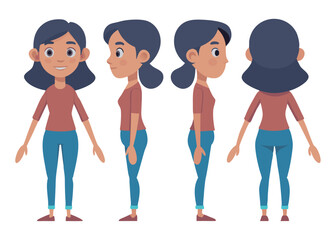 Fototapeta premium Teenage girl character set. Constructor for animation. Front, side and back view collection. Vector illustration. 
