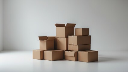 Obraz premium Piled cardboard boxes on a white background, perfect for packaging, storage, or ideas. Neat and straightforward display.