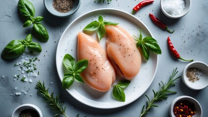 Raw chicken breast or fillet seasoned with salt, pepper, and fresh herbs on a white plate. Nutritious meal. Overhead view, empty space