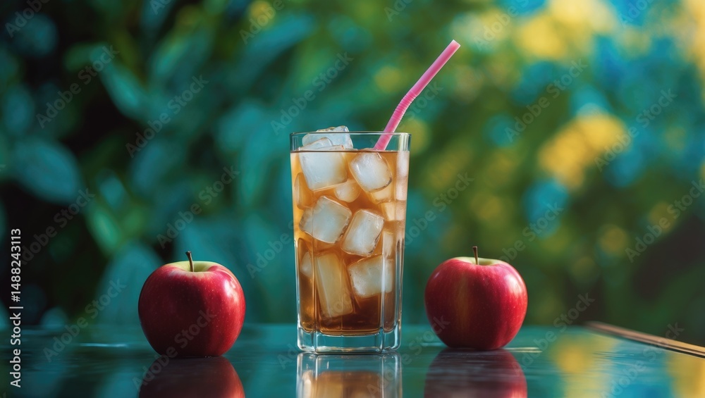 Poster a refreshing scene with a glass of iced tea and a straw alongside two apples on the table.