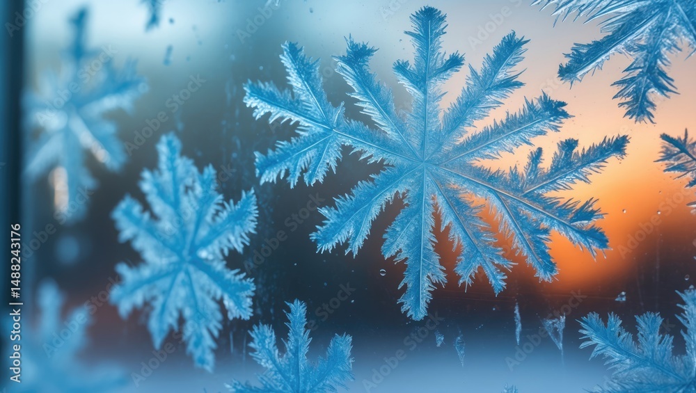 Poster Macro image of blue texture patterns created by ice crystals on a winter window pane