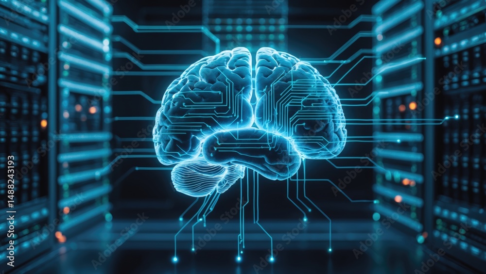 Aufkleber Circuit board design surrounding a brain on a backdrop. Digital composite, multiple exposure, AI, networking, technology, and network server theme.