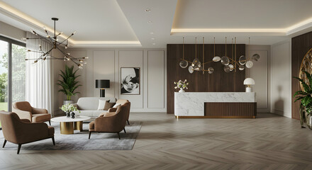 Fototapeta premium hotel lobby, reception desk, modern interior, Modern Luxury Hotel Lobby Interior Design