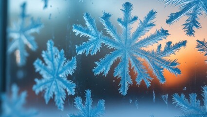 Macro image of blue texture patterns created by ice crystals on a winter window pane