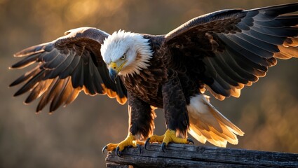 Eagle poised to take a position on perch