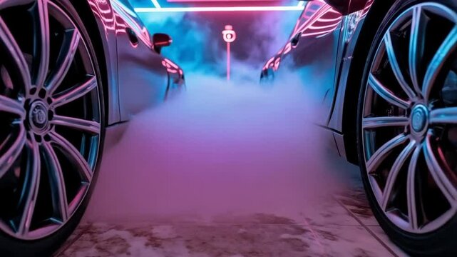 A captivating, low-angle shot of a luxury car, bathed in an ethereal fog with neon lights. The car is perfectly positioned, showcasing sleek design. The interplay of light, fog.