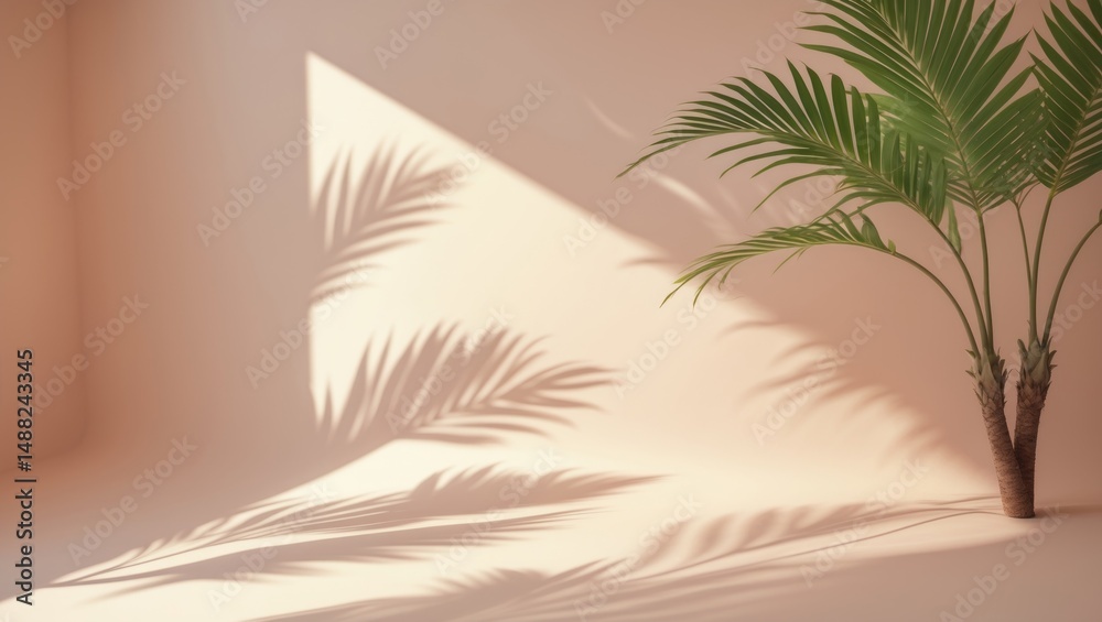 Poster minimal summer backdrop featuring the shadow of a palm leaf on light paper.