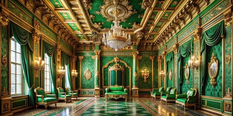 Fototapeta premium A majestic emerald green throne room with intricate golden accents and ornate carvings on the walls and ceiling, opulence, noble atmosphere