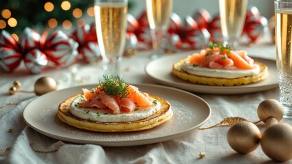 Christmas morning meal featuring crumpet French toast topped with salmon and crayfish
