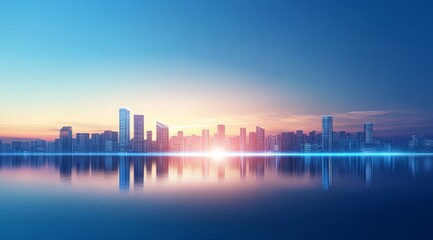 Fototapeta premium Cityscape Reflected in Water at Sunset