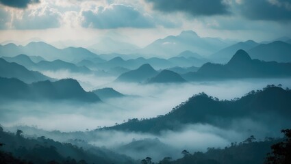 Clouds and Mountain Ridge in a Jungle Bush Landscape