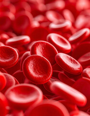 A close-up view of numerous red blood cells, showcasing their vibrant color and circular shape against a blurred background