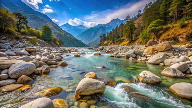River Rocks on Uhl River in Himalayas, scenic view, river rocks