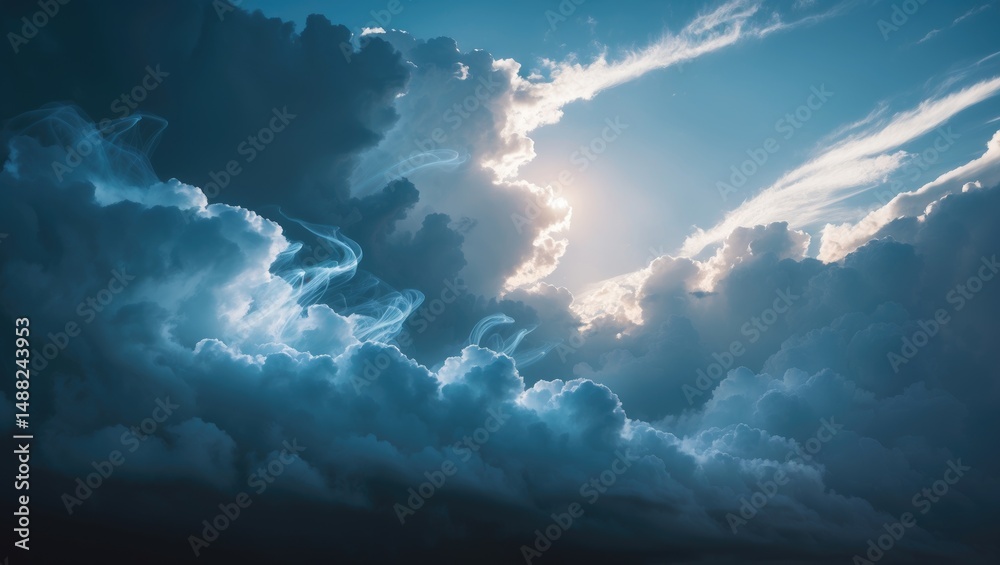 Poster Luminous and shadowy clouds resemble mysterious shapes in the sky