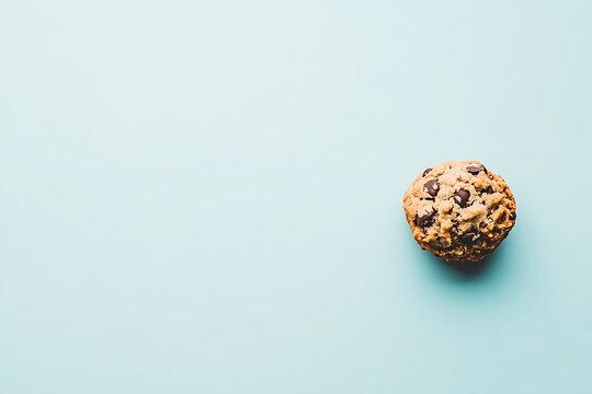 Single chocolate chip cookie on blue