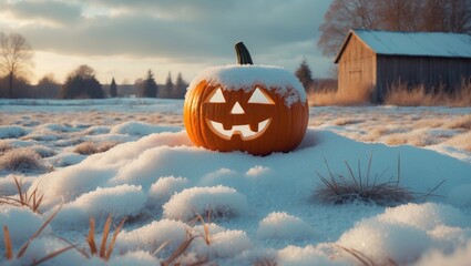 Close-up of a Halloween Jack-o-lantern blanketed in snow in a residential garden.