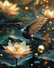 Naklejka premium Beautiful Hummingbird Dancing Over Blooming Lotus Flower in Garden
