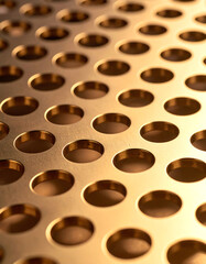 Obraz premium A close-up of a textured metallic surface featuring numerous circular holes, showcasing a modern design with a warm golden hue