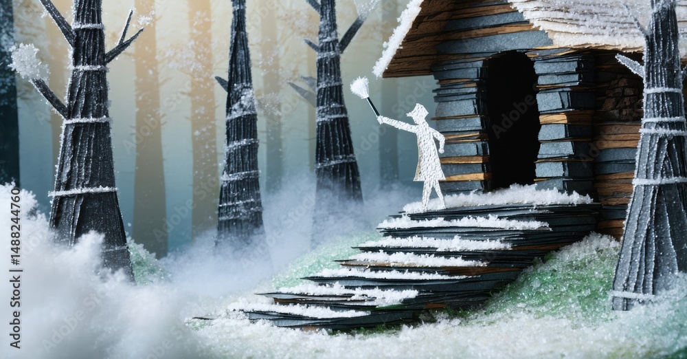 Aufkleber Winter scene depicts small cabin, snowy forest. Figure stands before steps, holding glowing object. Fog surrounds trees, creating magical atmosphere.