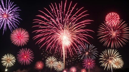 Fototapeta premium Vermilion firework night backdrop in twilight for holiday observance. Countdown to festival party occasion. Red Firework anniversary festive new year, holiday jubilee.