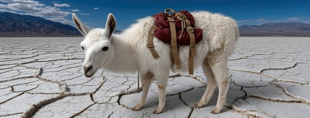 A white llama traverses a vast desert, its red backpack contrasting beautifully with the sandy terrain and bright blue sky, creating a striking visual in high resolution.