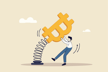 Bitcoin and cryptocurrency volatility, investment and speculation risk, price fluctuation and uncertainty, crypto value swing up and down, businessman trader holding swing unstable Bitcoin symbol.