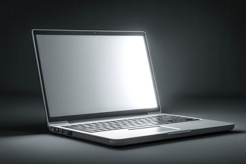A sleek modern laptop is placed on a dark surface, illuminated softly from the front, highlighting its minimalist design and glowing screen in a low-light setting