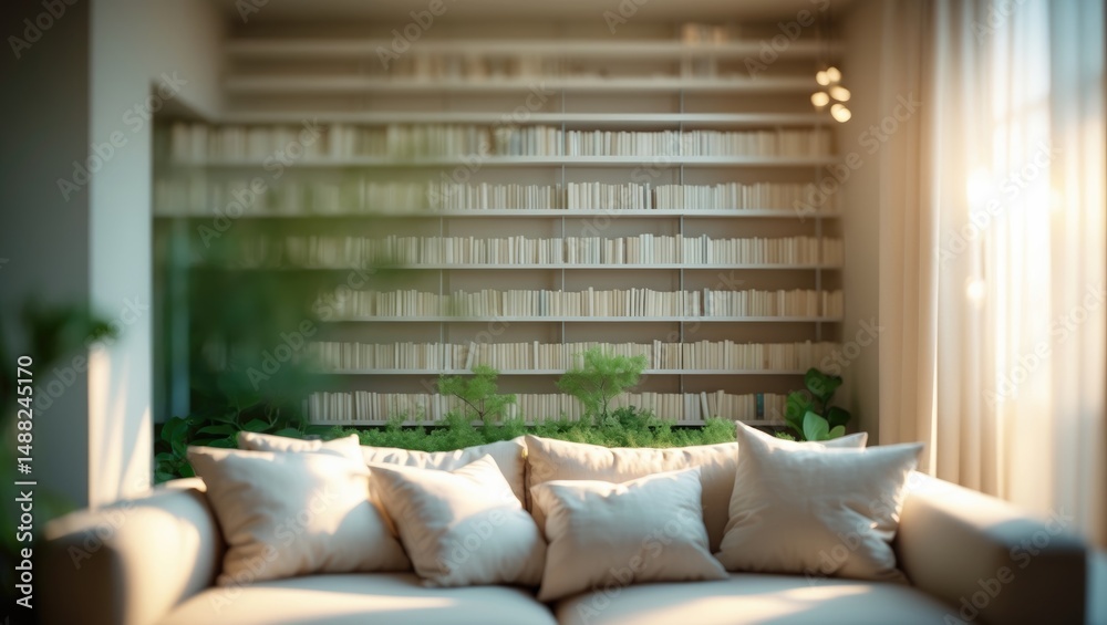Aufkleber out-of-focus view of a comfortable interior with a simple bookshelf loaded with an assortment of boo