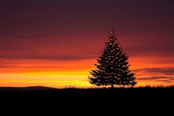 Silhouette of a Christmas tree at sunset