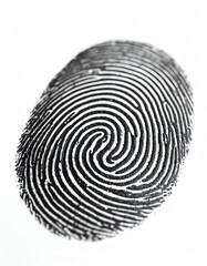 A close-up of a black fingerprint on a white background, showcasing the unique patterns and lines typical of human fingerprints