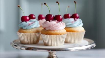 Pastel Pink and Blue Cupcakes with Cherries on a Silver Stand