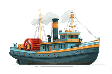 Fototapeta premium A vintage steam tugboat displays vibrant colors as it gently floats on tranquil waters under a clear sky. Puffs of smoke rise from its chimney
