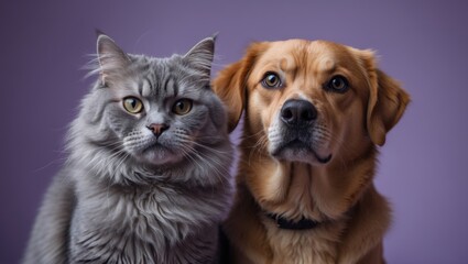 Dog and cat facing the camera with a backdrop